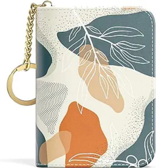 Picture of 1Aiawoxc Credit Card Holder, Small 1RFID Card Wallet Slim Leather 1Organizer Case with Zipper & 1Keychain, Abstract Boho Leaves