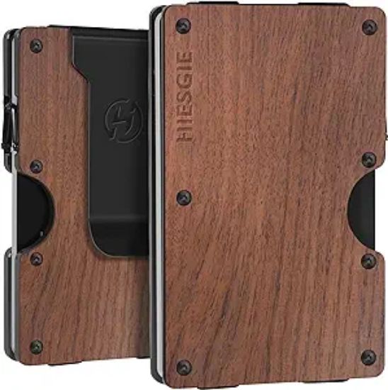 Picture of 1HIESGIE Minimalist Metal Wallet for Men - Slim RFID BLOCKING Wallets with Removable Money Clip - Mens Front Pocket Aluminum Small Credit Card Holder - Walnut Wood
